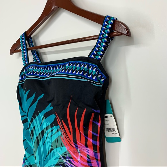 Aqua Green Retro Tropical Leaf Adjustable Strap One Piece Swimsuit Nwt New Small - Picture 3 of 16